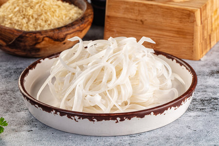 Boiled asian rice pho noodles for soup
