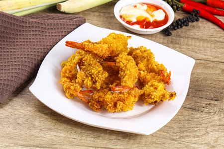 Golden deep prawn tempura wuth sauce snack