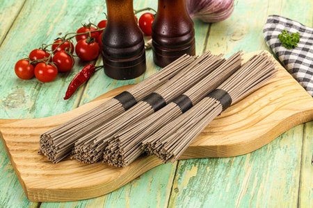 Raw dry bukwheat soba noodles for cooking