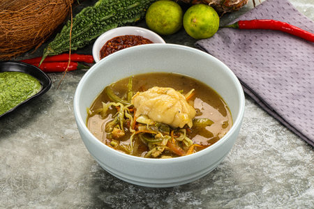 Chinese wonton soup with dumplings and vegetablesの写真素材