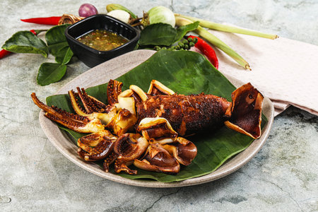 Delicous Grilled squid with sauce and spicesの写真素材