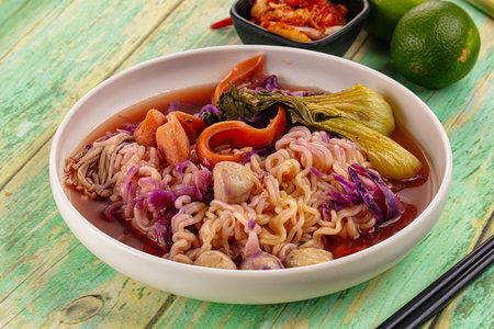 Korean kimchi beef noodles soup with meat and vegetables