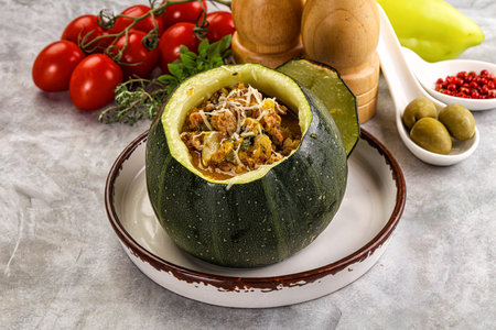 Baked round zucchini with meat and vegetablesの写真素材