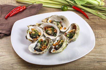 Baked oysters with green onion and peanut