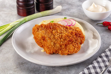 Chicken schnitzel with mashed potatoes served green onion and radishの写真素材