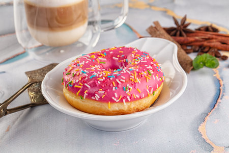 Sweet glazed donut with strawberry icingの写真素材