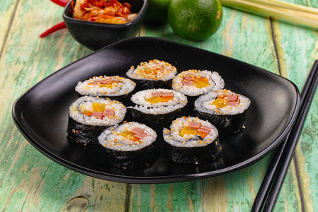 Korean homemade roll Kimbap with nori seaweed, sausages and vegetablesの写真素材