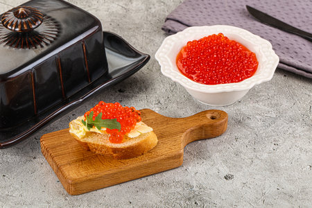 Luxury toast with red caviar and butterの写真素材