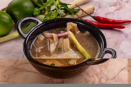 Asian Bamboo shoots traditional soup served green onionの写真素材