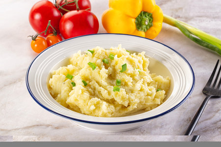 Mashed potato Puree with green onion garnishの写真素材