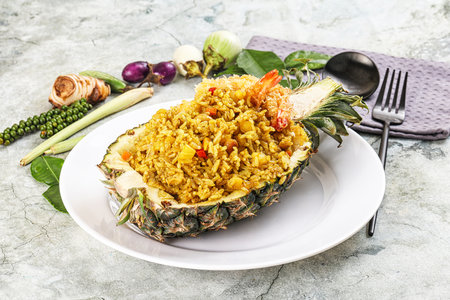 Pineapple fried rice with prawn and spicesの写真素材