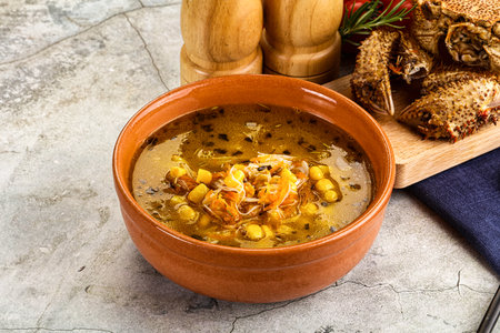 Delicous Hot Crab corn soup with vegetablesの写真素材