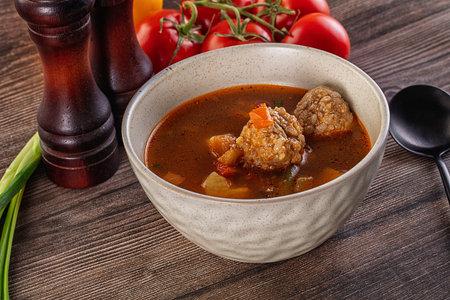 Tomato Soup with meatballs, potato. carrot and green beanの写真素材