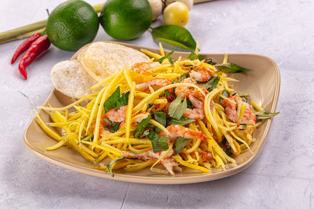 Asian salad with mango and prawnの写真素材