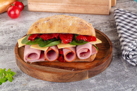 Ciabatta with mortadella sausage, tomato, cheese and spinachの写真素材