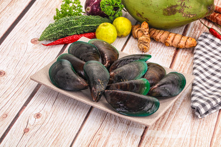 Raw fresh green wild mussels seafood for cooking