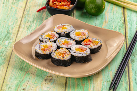 Koream homemade roll Kimbap with nori seaweed, sausages and vegetablesの写真素材