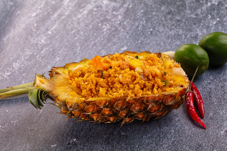 Seafood fried rice in pineapple half with prawn and squidの写真素材