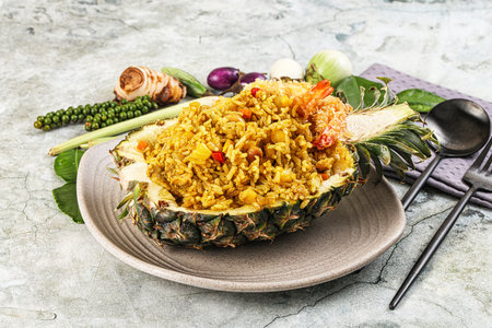 Pineapple fried rice with prawn and spicesの写真素材