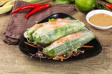 Vietnamese spring roll with prawn, carrot and salad