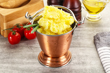 Mashed potato puree with butter served green onionの写真素材