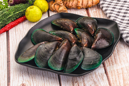 Raw fresh green wild mussels seafood for cooking