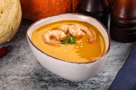 Pumpkin dietary cream soup with prawnsの写真素材