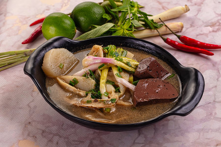 Asian Bamboo shoots traditional soup served green onionの写真素材