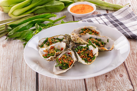 Gournet grilled oysters with green onion and peanut