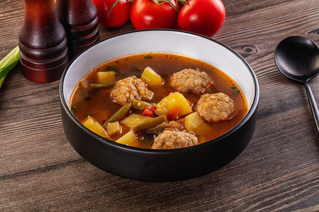 Tomato Soup with meatballs, potato. carrot and green beanの写真素材