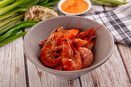 Delicous boiled tiger prawn with sauce for snackの写真素材