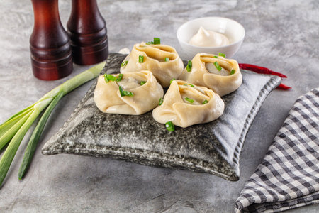 Uzbek cuisine - staffed Manti with meat and onionの写真素材