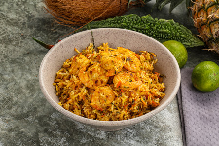 Indian cuisine - Biryani rice with prawn and spicesの写真素材