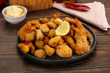 Fritto misto - deep fried seafood mix - calamari, prawn, fish, musselsの写真素材