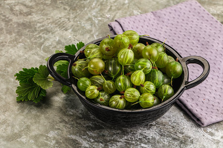 Ripe sweeet and juicy gooseberry in the bowl with leafの写真素材