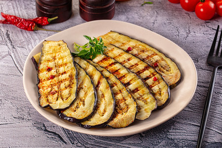 Hot grilled eggplant slices snack appetizerの写真素材