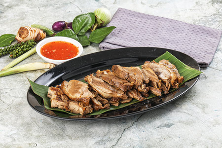 Asian cuisine Baked duck breast with sauce and saladの写真素材