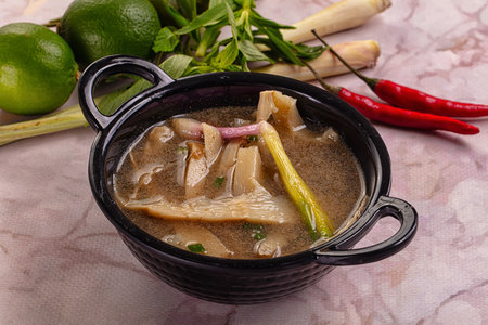 Asian Bamboo shoots traditional soup served green onionの写真素材