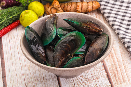 Raw fresh green wild mussels seafood for cooking