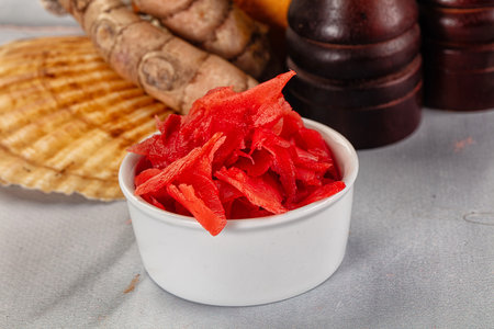 Pickled red ginger in the bowl for Japanese cuisine