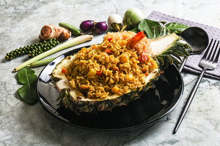 Pineapple fried rice with prawn and spicesの写真素材