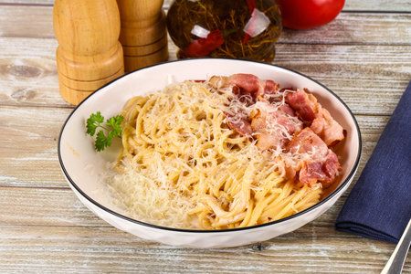 Italian pasta Carbonara - spaghetti with bacon and cheeseの写真素材