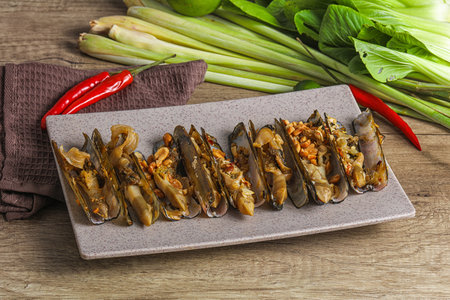 Steamed razor mollusk with lemongrass and garlikの写真素材