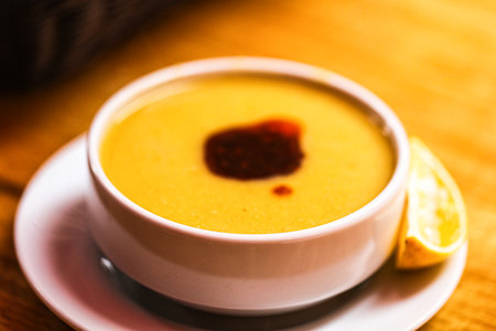 Turkish lentil cream spicy soup with lemonの写真素材