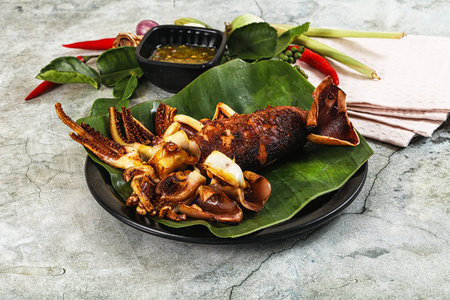 Delicous Grilled squid with sauce and spicesの写真素材