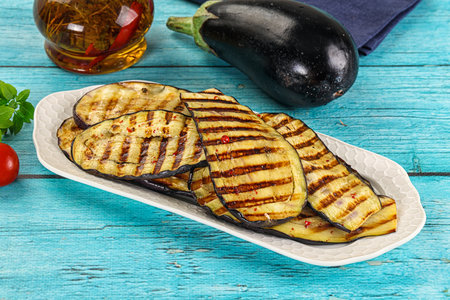 Grilled eggplant slices for snack appetizerの写真素材
