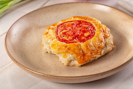 Chicken choplet baked with cheese and tomatoの写真素材