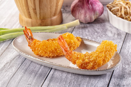 Golden crunhy breaded prawn appetizer snackの写真素材