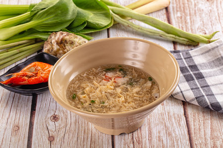 Asian soup with wild crab and prawnの写真素材