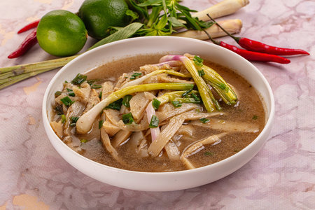 Asian Bamboo shoots traditional soup served green onionの写真素材